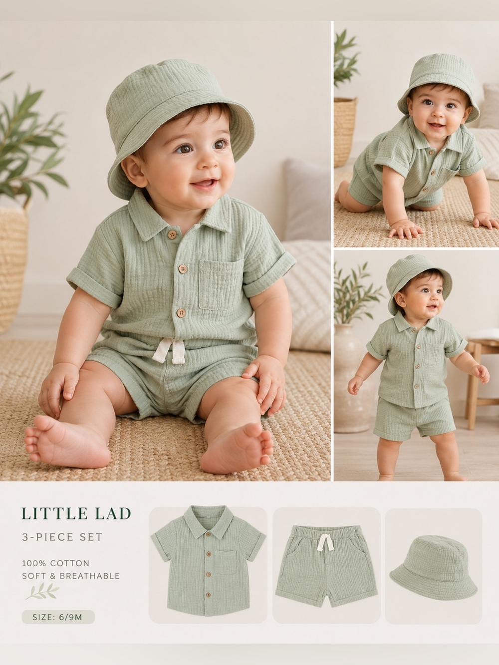 Little Lad 3 Piece Sage Green Cotton Set 6/9M NWOT
